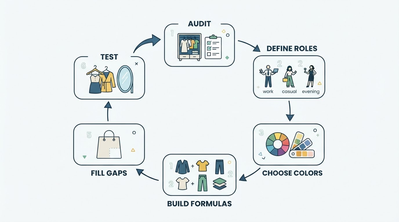 Workflow diagram for how to build a capsule wardrobe around your color analysis season results.