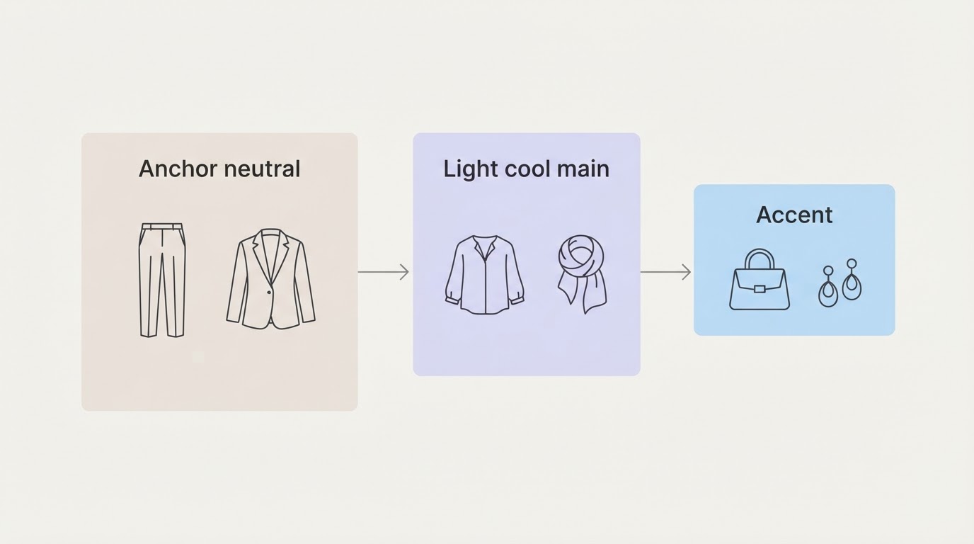 Workflow diagram for light summer palette work outfits for pastel blues and lavender.