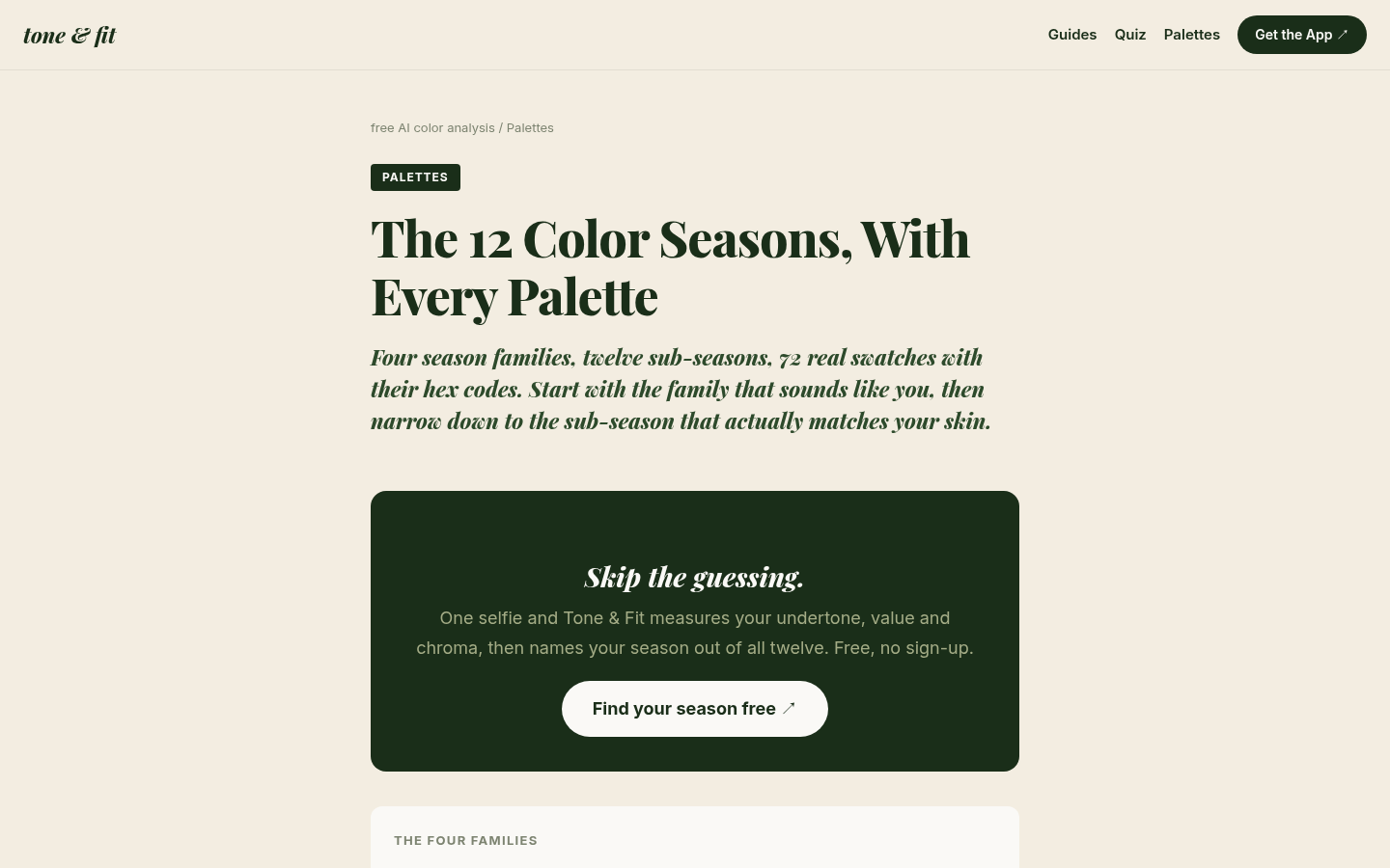 Desktop first-screen of the palettes index page showing season families (Spring, Summer, Autumn, Winter) with hex-coded swatches and sub-season links