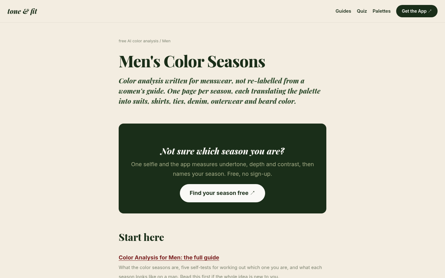 Desktop first-screen of the men's section page with menswear-specific color analysis guides and season-by-season article links